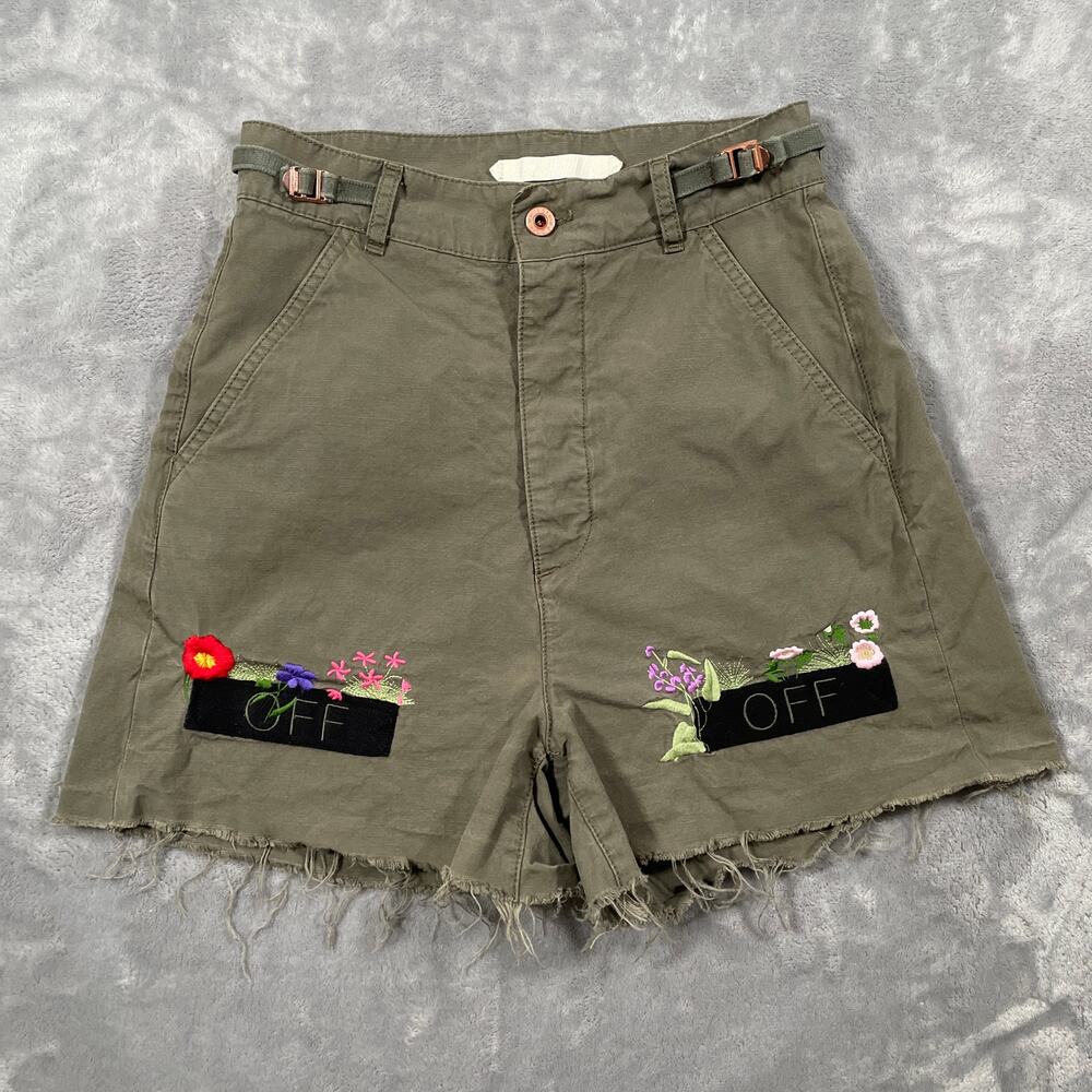 Off White Shorts Womens 26 Green Flower Embroidery Cargo Streetwear Military